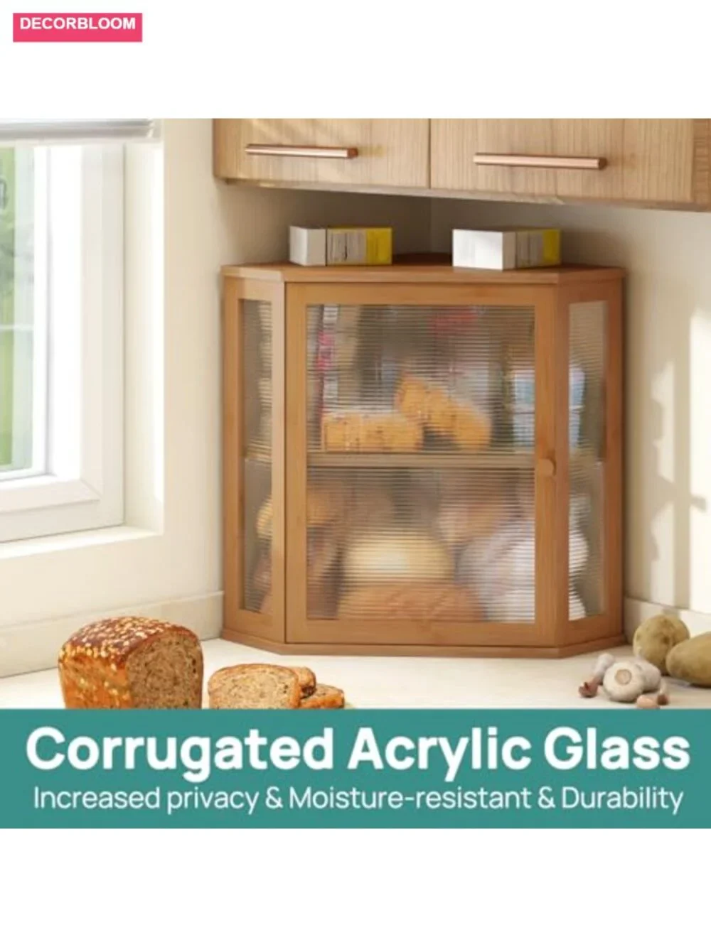 Large Capacity Bamboo Wood Bread Box, Corner Storage with Acrylic Wavy Door